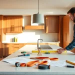 Kitchen fitters installing elegant cabinetry in a modern sunlit kitchen.