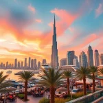 Experience the stunning skyline of Dubai at sunset, highlighting the luxury of travel to Dubai with the Burj Khalifa and vibrant colors.