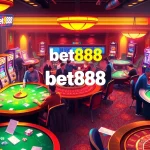 Players enjoy thrilling games at a casino featuring vibrant bet888 branding, with poker chips and roulette wheels in action.