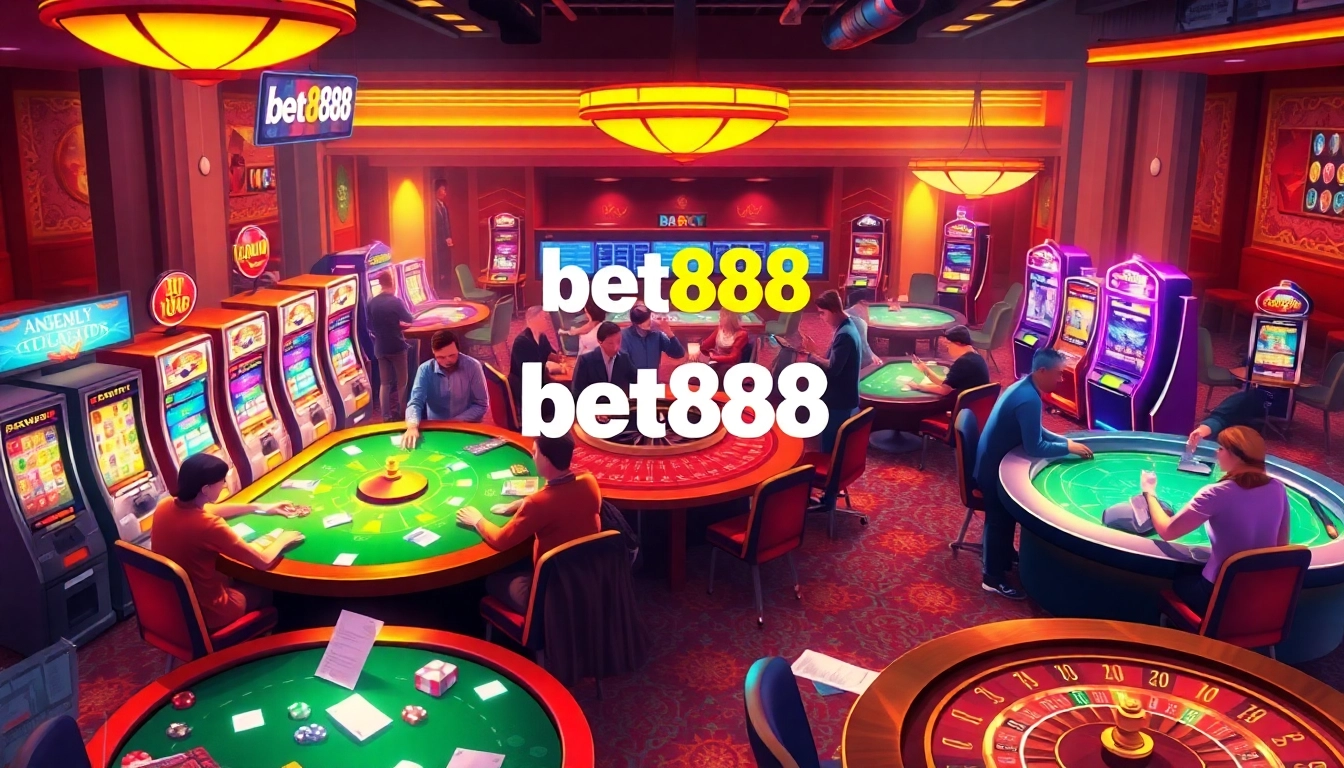 Players enjoy thrilling games at a casino featuring vibrant bet888 branding, with poker chips and roulette wheels in action.