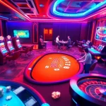 Exciting view of game bài đổi thưởng showcasing poker tables and slot machines in a lively online casino.