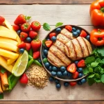 Discover a vibrant array of healthy food options, including fresh fruits, vegetables, and grilled chicken on display.