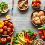 A colorful spread of healthy food featuring fruits, vegetables, and lean proteins.