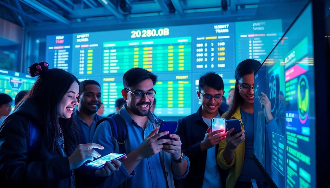 Experience an energetic FB88 sports betting scene with diverse bettors immersed in action.