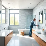 Bathroom fitters expertly renovating a stylish bathroom with modern fixtures and accents.