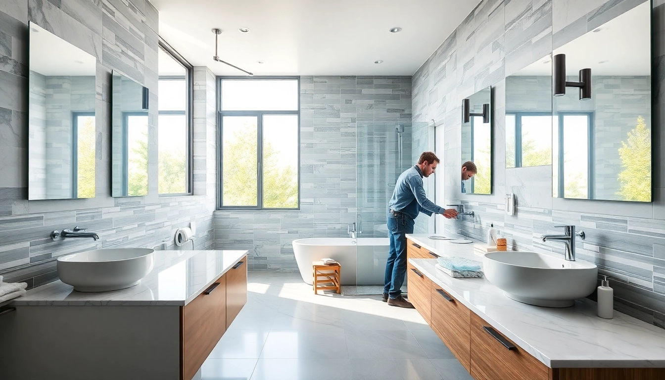 Bathroom fitters expertly renovating a stylish bathroom with modern fixtures and accents.