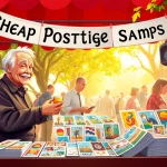 Discover unique cheap postage stamps at a vibrant marketplace booth filled with colorful designs.