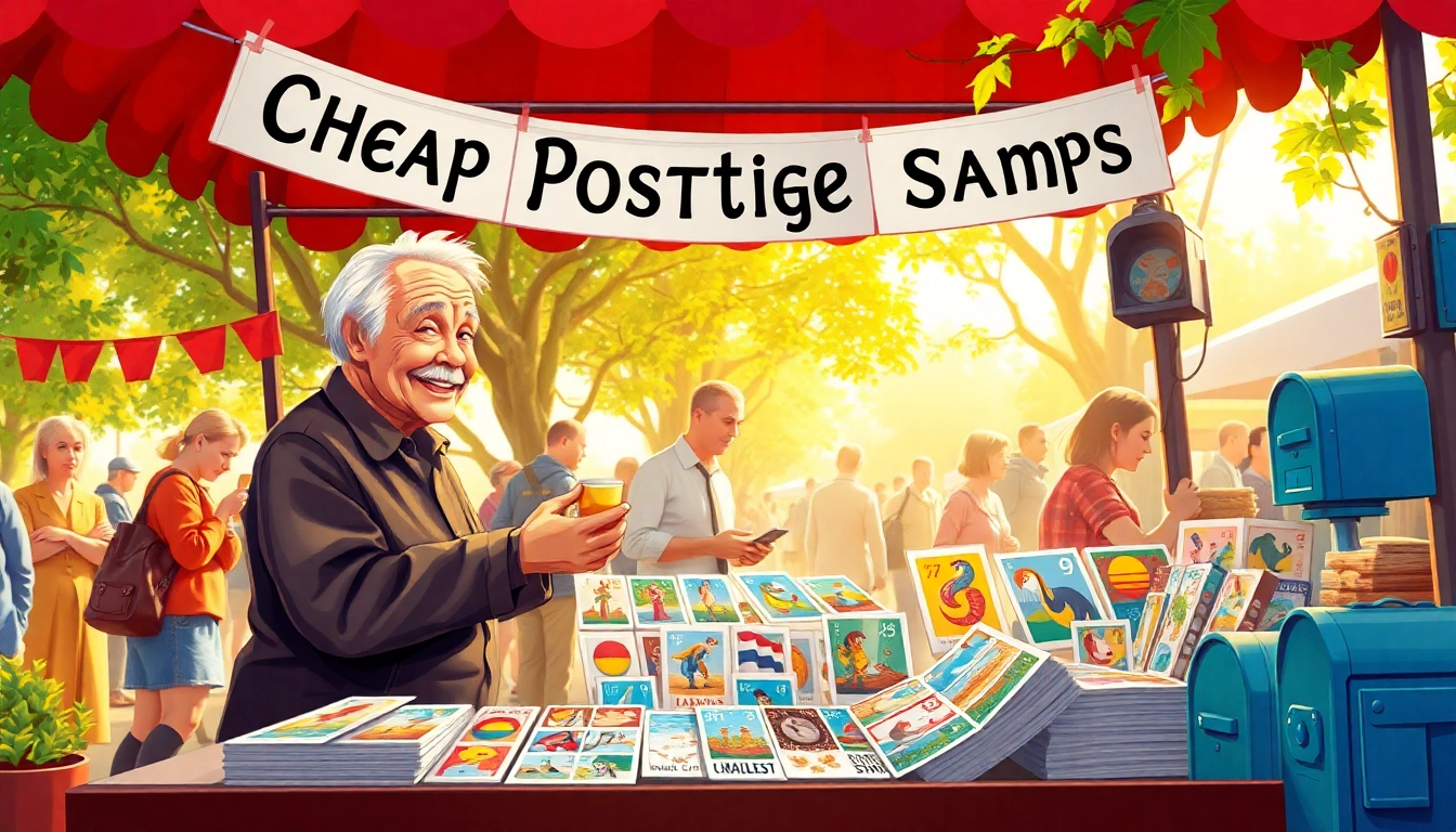 Discover unique cheap postage stamps at a vibrant marketplace booth filled with colorful designs.