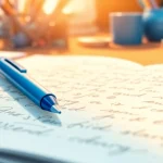 The blue handwriting pen glides smoothly across a notebook, highlighting the artistry and precision in writing.
