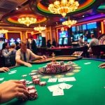 Dynamic scene from a casino med svensk licens highlighting thrilling poker gameplay and vibrant slot machines.