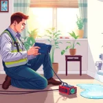 Professional conducting Leak Detection Cornwall services using advanced equipment in a cozy home setting.