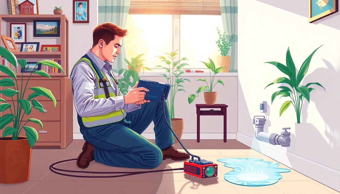 Professional conducting Leak Detection Cornwall services using advanced equipment in a cozy home setting.