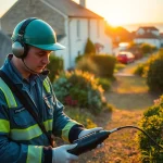 Expert leak detection technician working in a beautiful Cornwall garden.