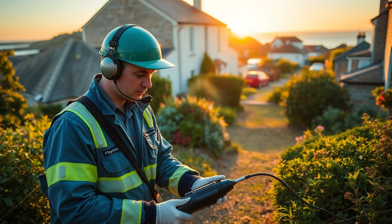 Expert leak detection technician working in a beautiful Cornwall garden.
