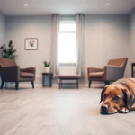 Sydney Psychologist Jacob facilitates a warm therapy session with his therapy dog in a comforting room.