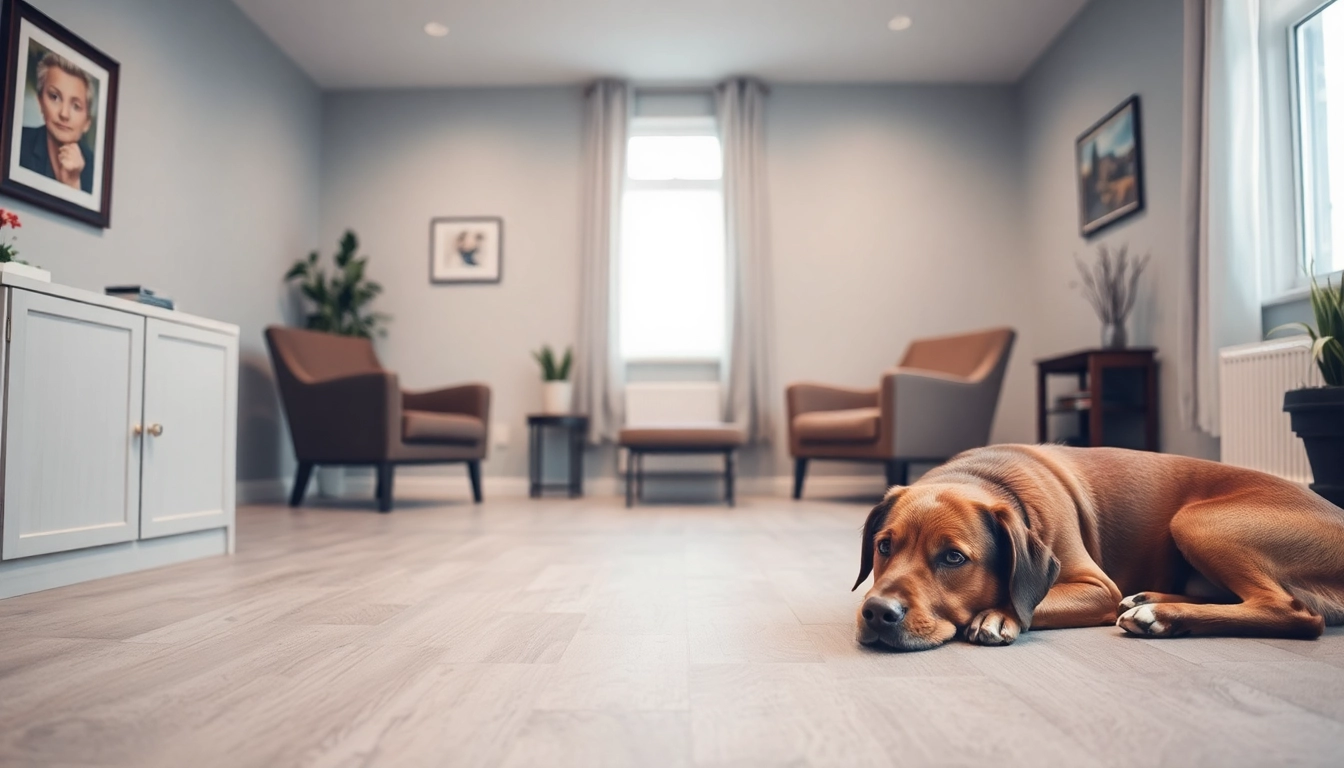 Sydney Psychologist Jacob facilitates a warm therapy session with his therapy dog in a comforting room.