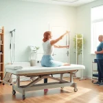 Explore physiotherapy near me, showcasing a therapist guiding a patient through a rehabilitation exercise in a modern clinic.