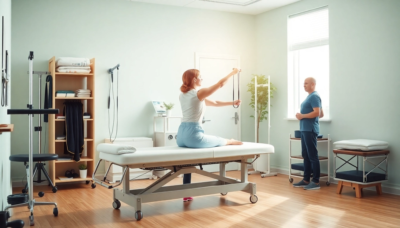 Explore physiotherapy near me, showcasing a therapist guiding a patient through a rehabilitation exercise in a modern clinic.
