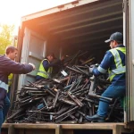 Team conducting Schrottabholung Wuppertal by loading diverse metals into a truck for recycling.