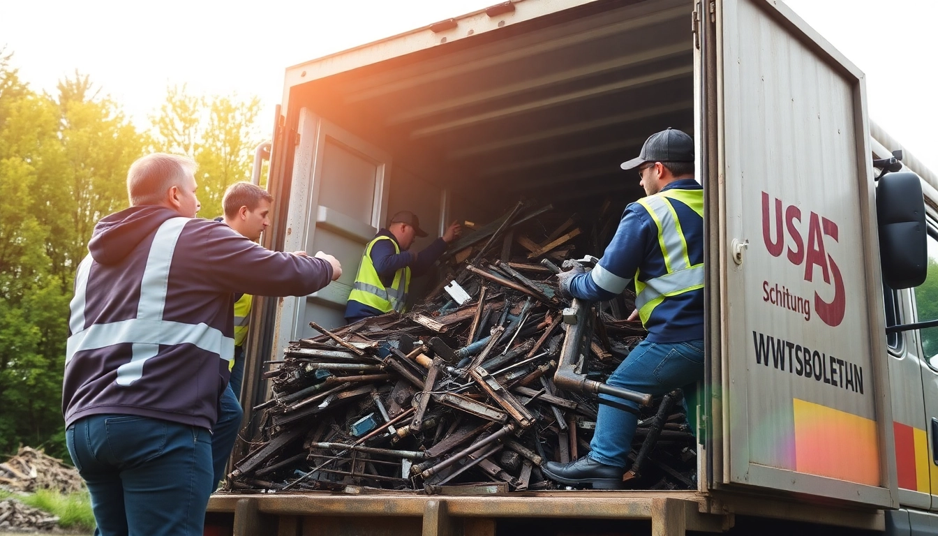 Team conducting Schrottabholung Wuppertal by loading diverse metals into a truck for recycling.