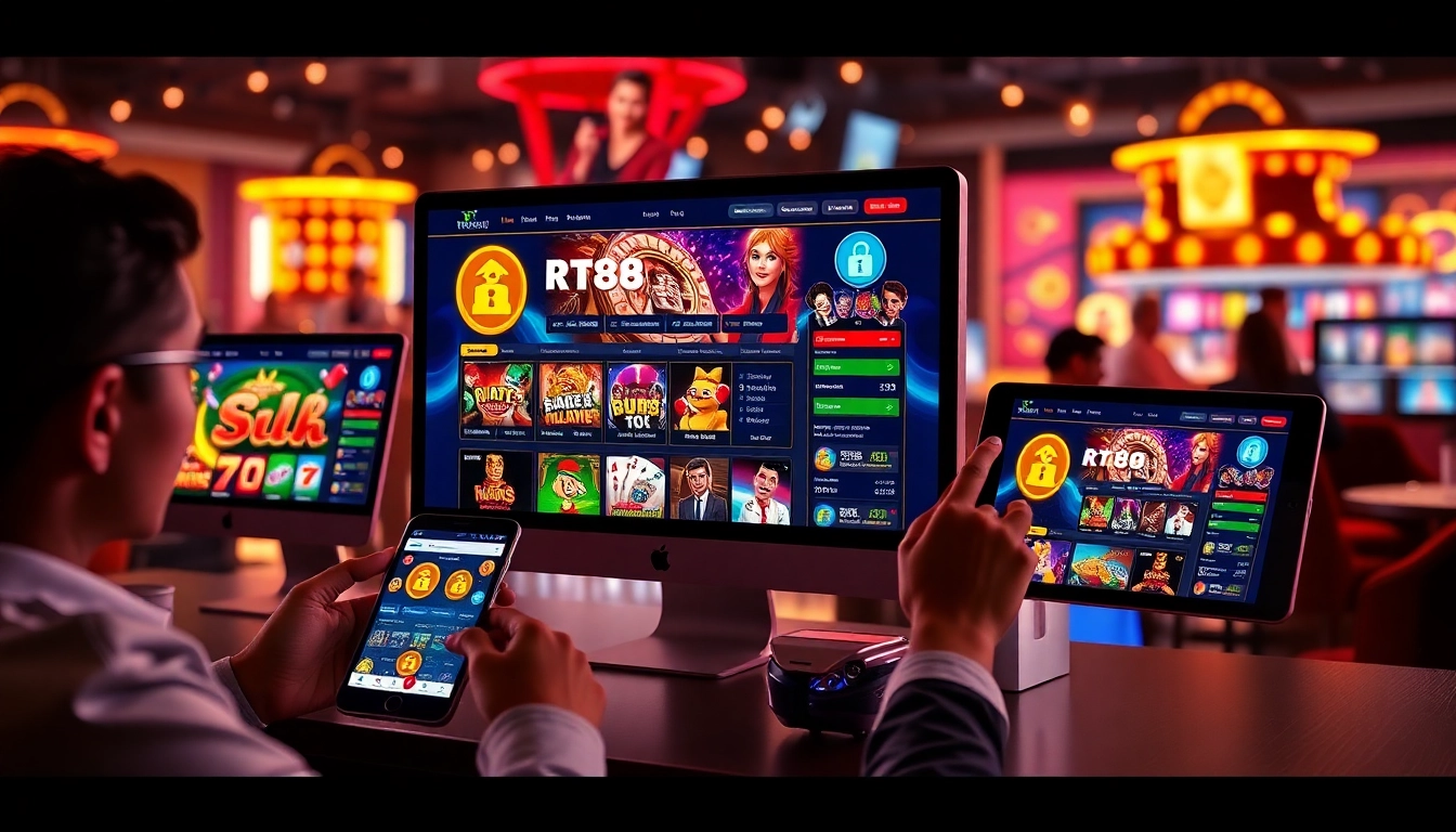 Exciting TT88 online gambling interface with users engaging on multiple devices, showcasing a modern, interactive experience.