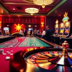 Exciting casino scene with KJC AC 1 elements including tables, cards, and roulette wheels.
