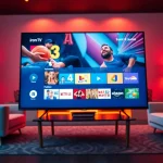 Showcase an engaging display of iron TV on a modern television in a cozy living room setting.
