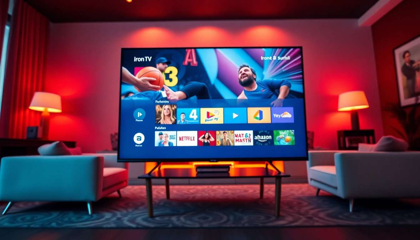 Showcase an engaging display of iron TV on a modern television in a cozy living room setting.