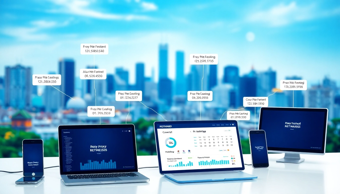 Visual representation of residential proxy network management dashboard and devices.
