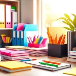 Discover vibrant office stationery supplies arranged stylishly on a modern desk, enhancing productivity.