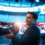 Capture the latest news as a reporter works diligently in a bustling newsroom setting.