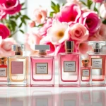 Showcasing best perfume dupes 2025 with elegant bottles on a marble countertop and vibrant florals.