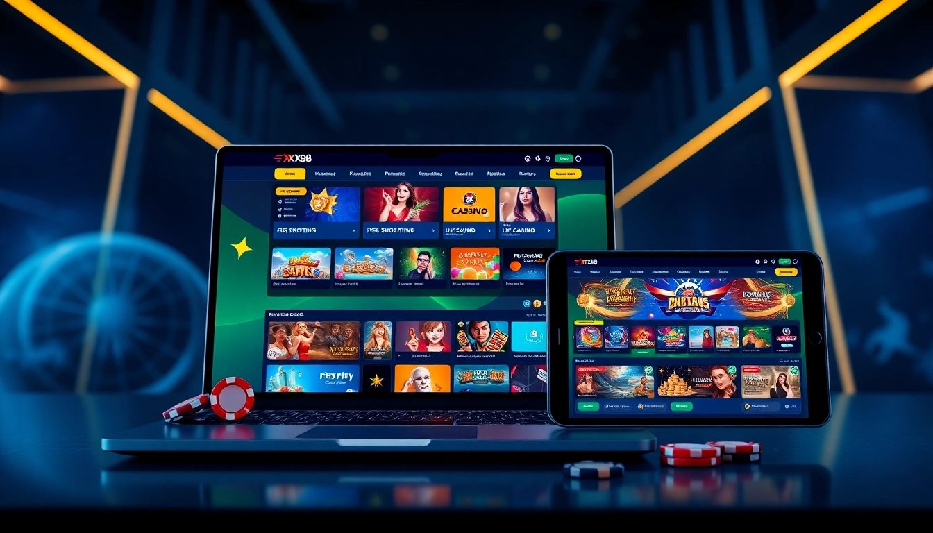 Capture the excitement of online betting showcasing the interface of https://xx88.pizza/ with vibrant games and devices.
