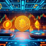 Bitcoin trading dashboard with blockchain visuals and digital wallet security elements.
