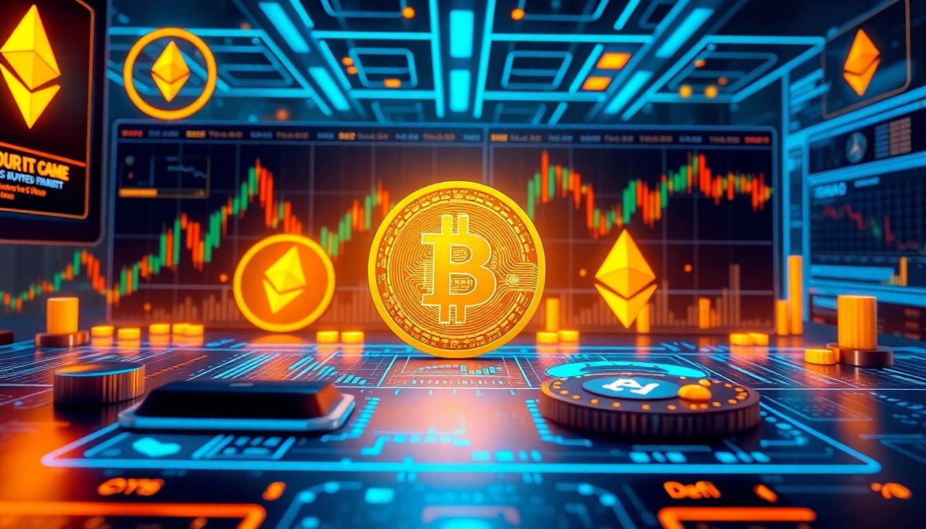 Bitcoin trading dashboard with blockchain visuals and digital wallet security elements.