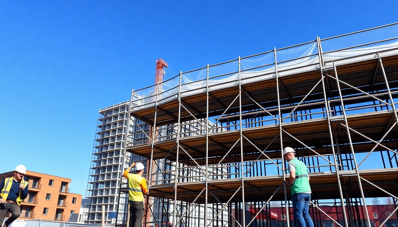 Efficient scaffolding Bolton solutions shown at an active construction site with workers assembling structures.