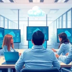 Cloud Services Tampa illustration featuring professionals collaborating on cloud technology in a modern office.