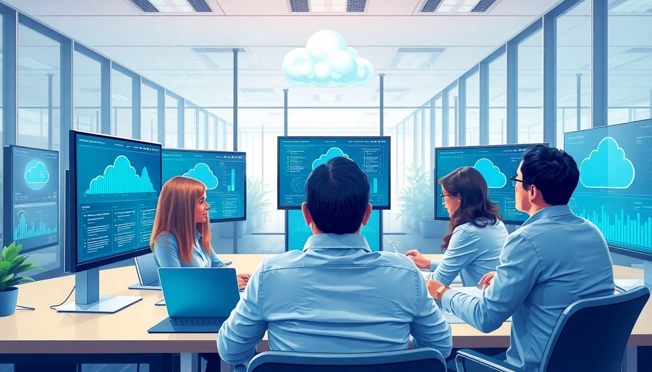 Cloud Services Tampa illustration featuring professionals collaborating on cloud technology in a modern office.