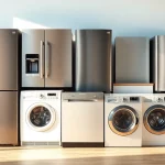 Showcase бяла техника appliances like modern dishwashers and refrigerators in a stylish kitchen setting.