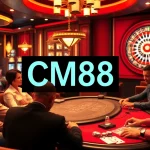 CM88 casino gaming scene with blackjack players, poker chips, and roulette wheel, creating an exciting atmosphere.