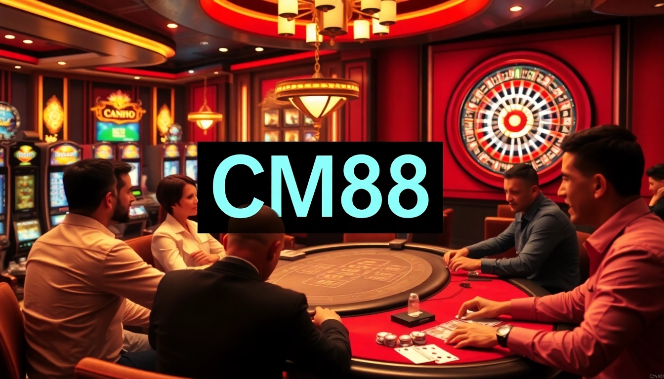 CM88 casino gaming scene with blackjack players, poker chips, and roulette wheel, creating an exciting atmosphere.