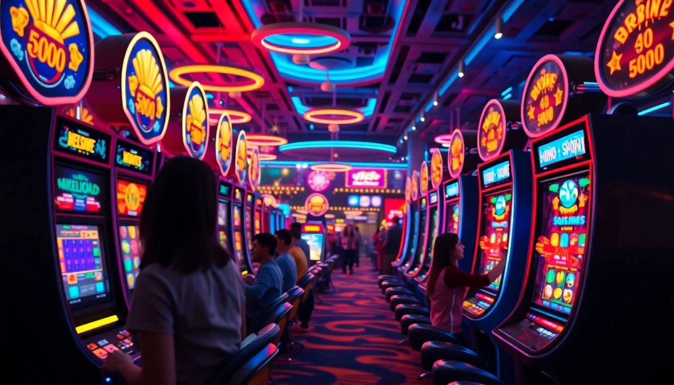 Exciting online gaming scene showcasing doaslot with vibrant slot machines and digital interfaces.