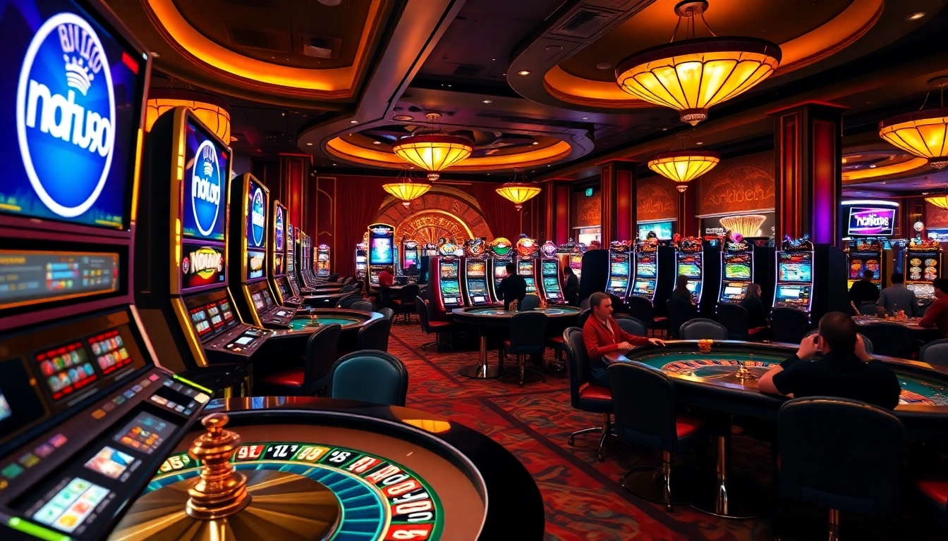 Nohu90's exciting casino atmosphere featuring vibrant slot machines and engaged players.