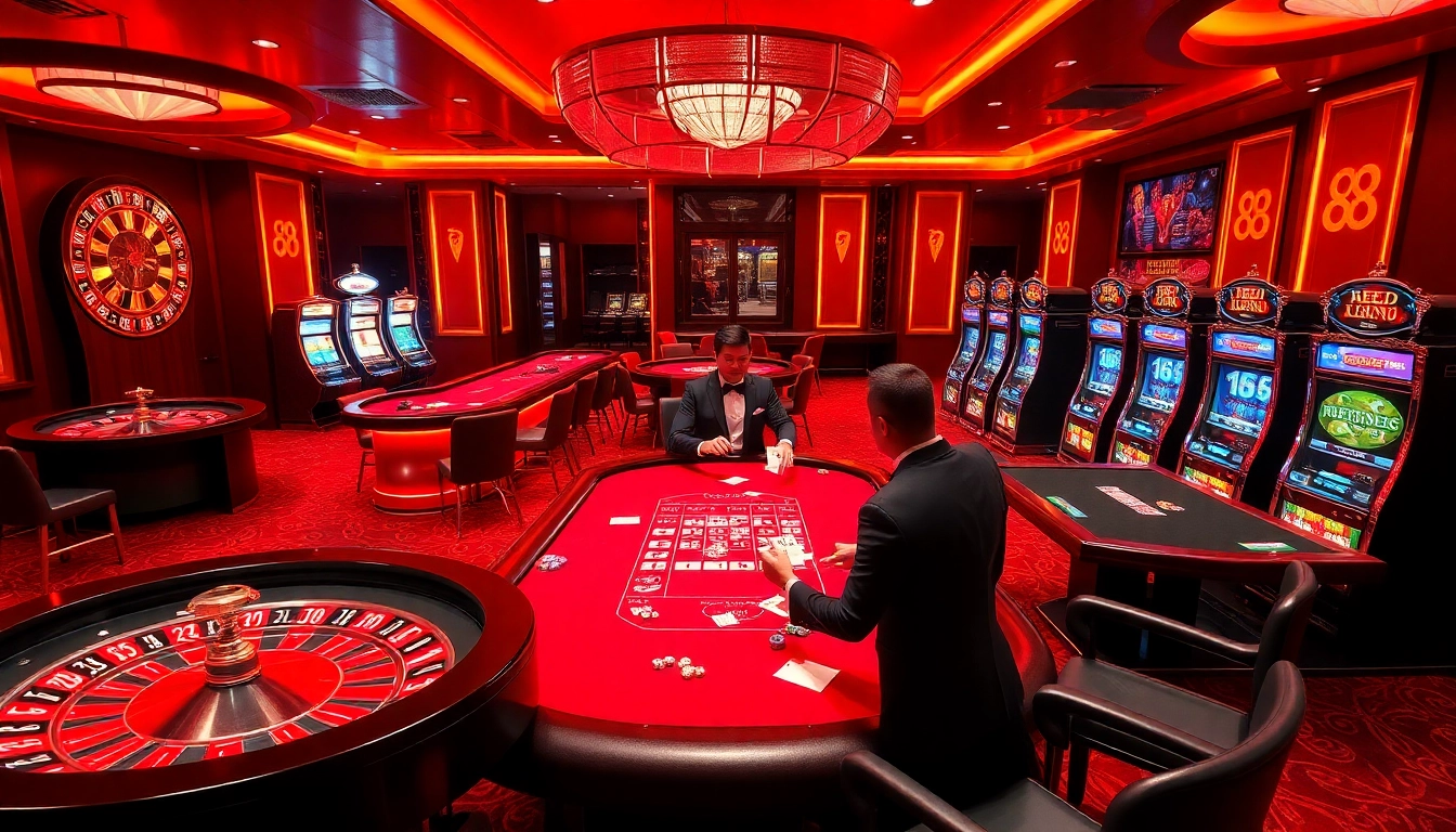 Players enjoying the game red88 lô de at an exciting casino table filled with poker chips and cards.