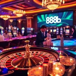 Experience the thrilling atmosphere of 888b casino gaming with vibrant tables and excited players.