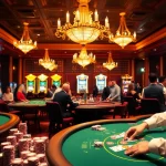 A dynamic casino scene showcasing F 168's vibrant ambiance with players engaging at blackjack tables and roulette wheels.