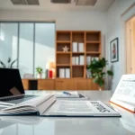 Sworn translator office setup with documents and translation books.