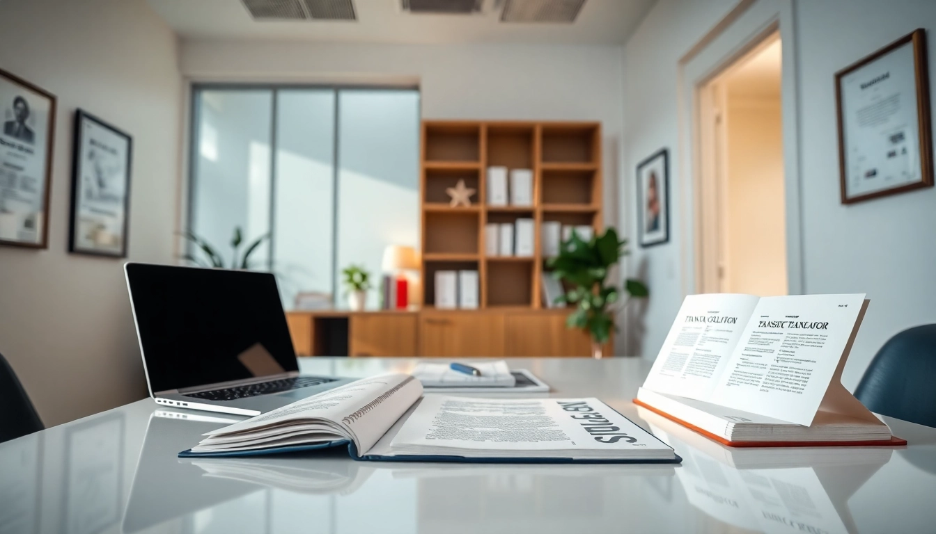 Sworn translator office setup with documents and translation books.