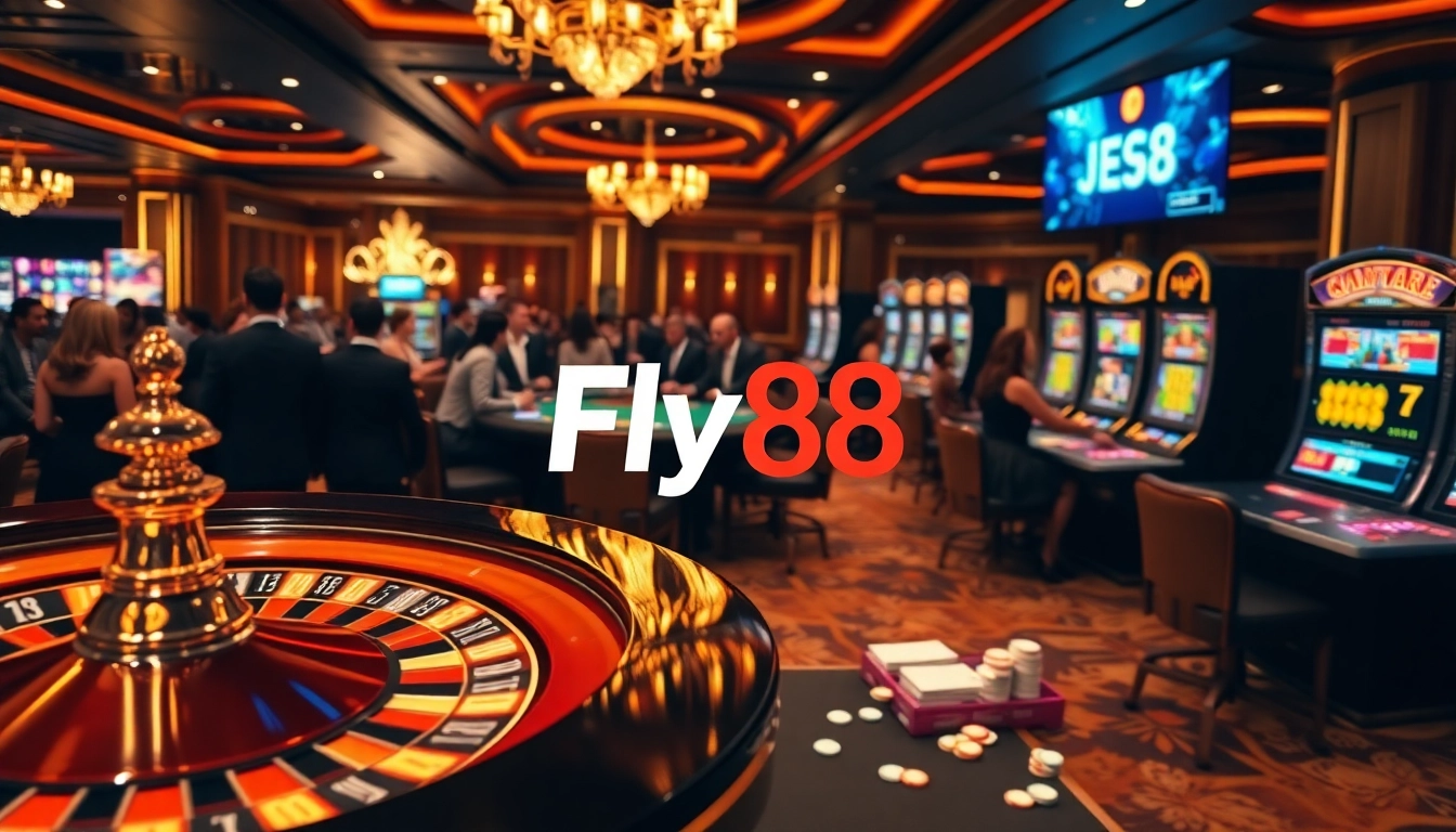 Exciting gameplay at Fly88 Casino featuring roulette and vibrant slots in an upscale setting.