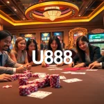 Engaging U888 players at a luxurious gaming table amid vibrant casino elements.